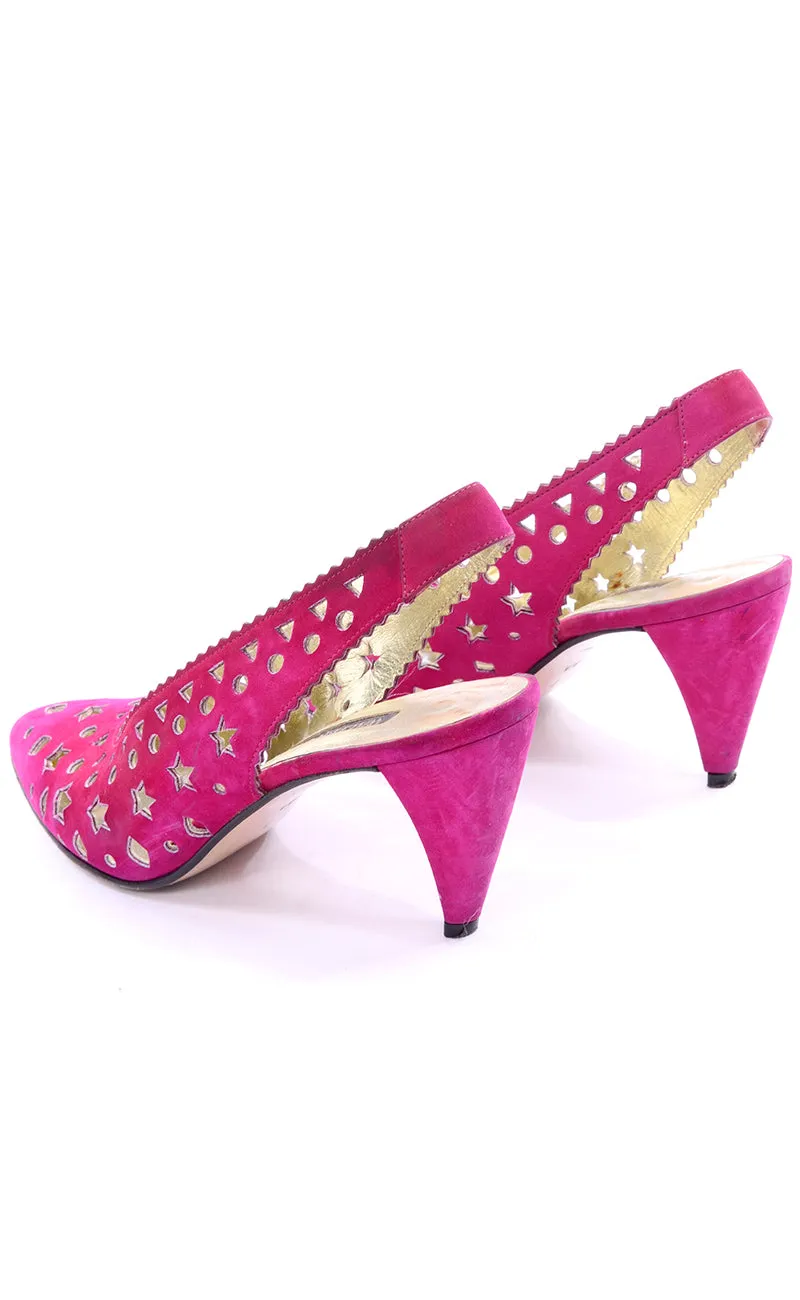 1980s Walter Steiger Fuchsia Pink Slingback Shoes w/ Star Cut-Outs 7AA