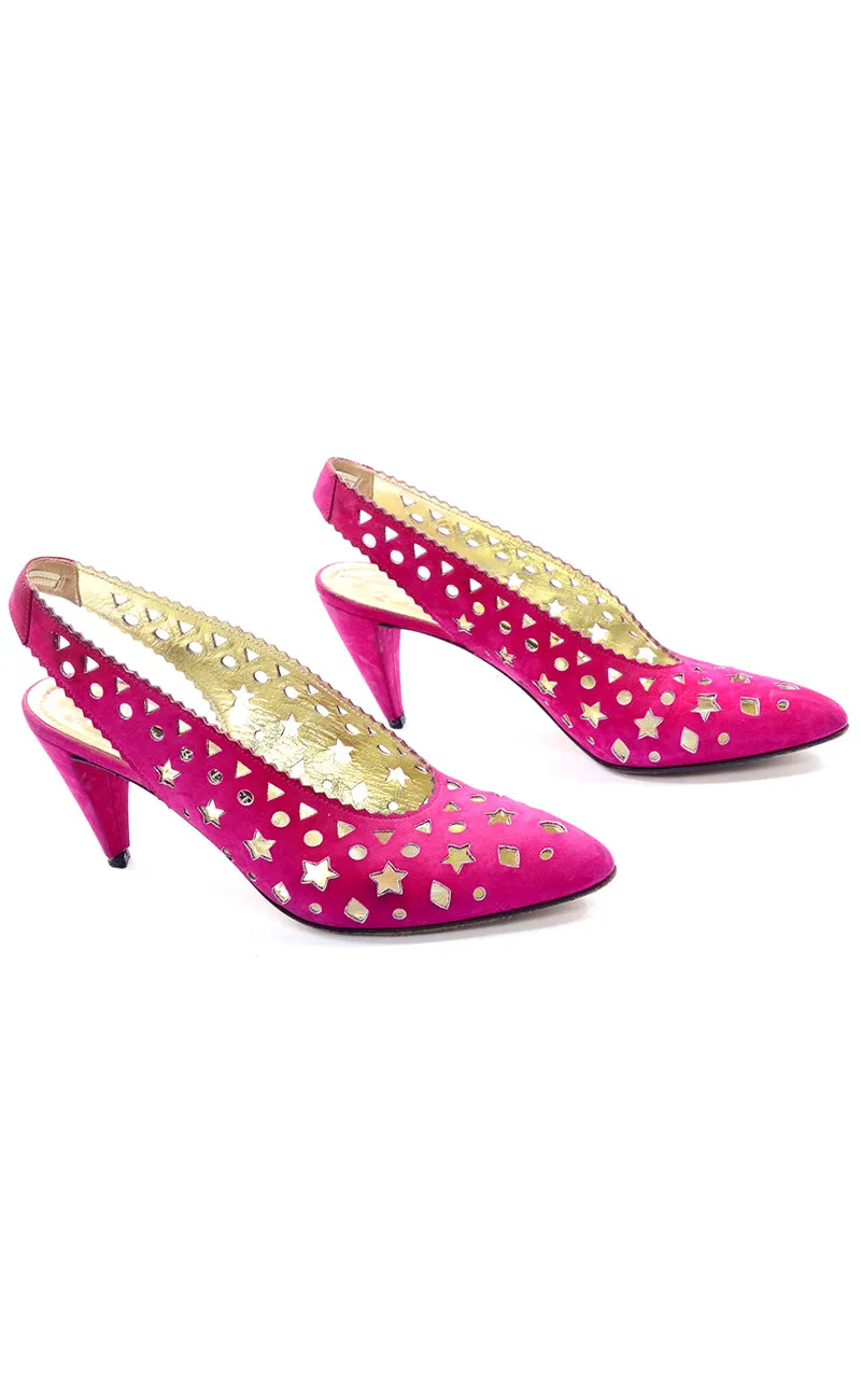 1980s Walter Steiger Fuchsia Pink Slingback Shoes w/ Star Cut-Outs 7AA