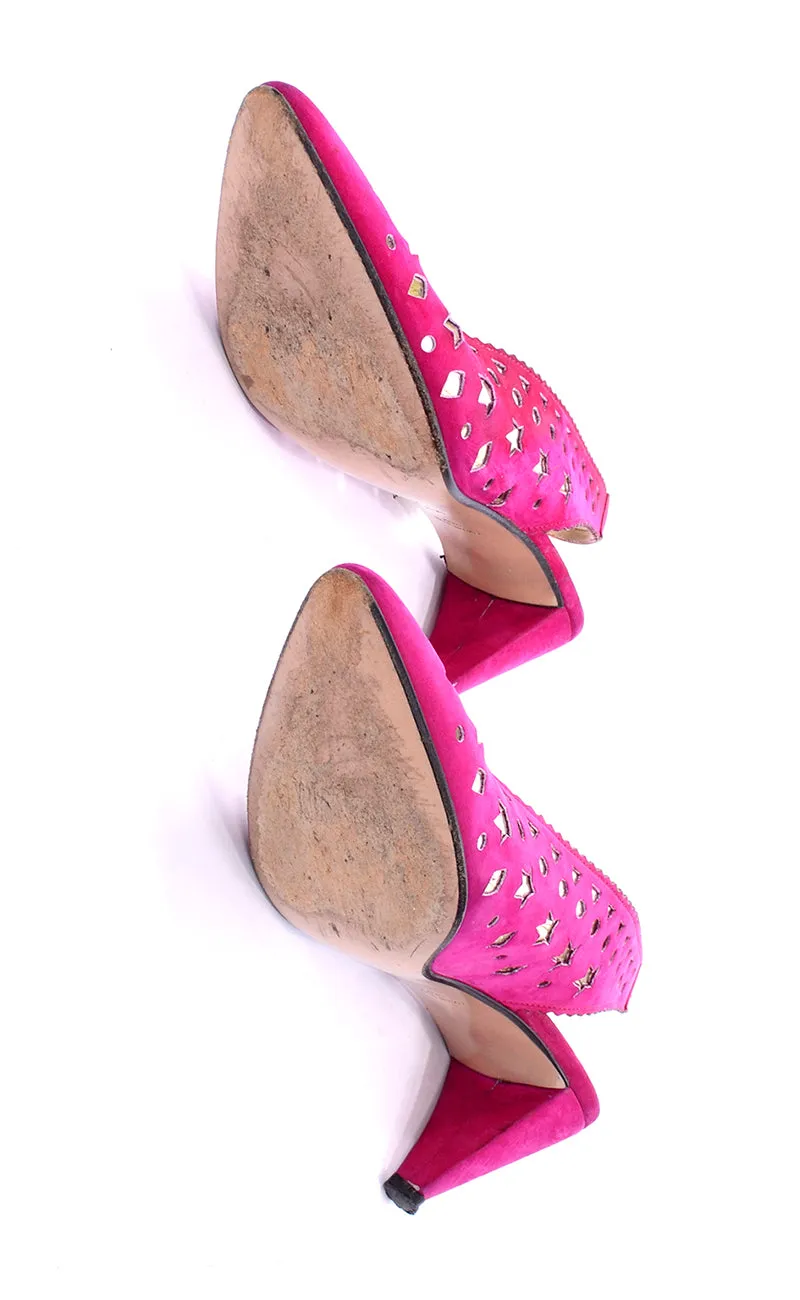 1980s Walter Steiger Fuchsia Pink Slingback Shoes w/ Star Cut-Outs 7AA