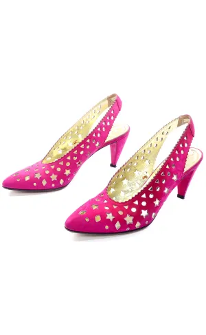 1980s Walter Steiger Fuchsia Pink Slingback Shoes w/ Star Cut-Outs 7AA