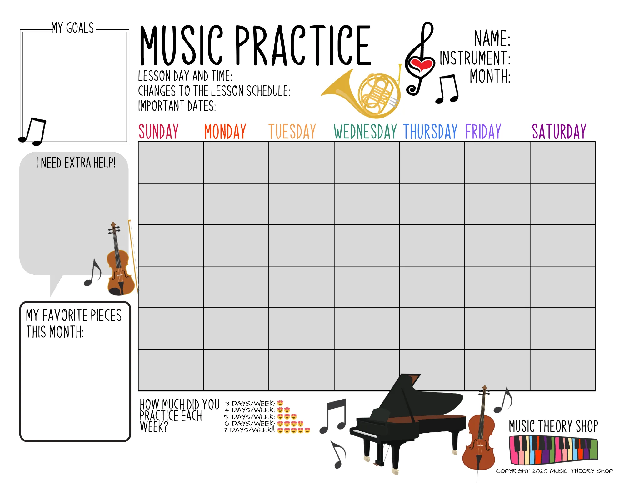 3 Printable Music Practice Charts, Tracker, Music Lessons, Music Progress Chart, Instruments, Music Teacher