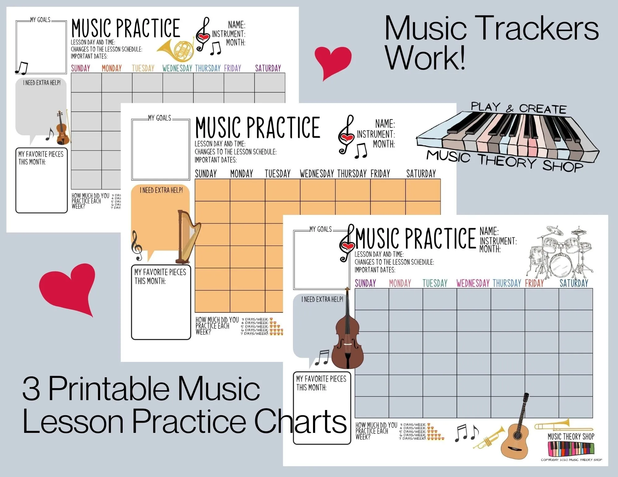 3 Printable Music Practice Charts, Tracker, Music Lessons, Music Progress Chart, Instruments, Music Teacher