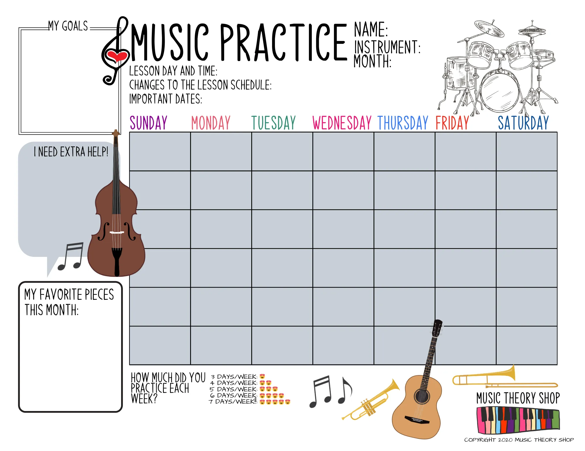 3 Printable Music Practice Charts, Tracker, Music Lessons, Music Progress Chart, Instruments, Music Teacher