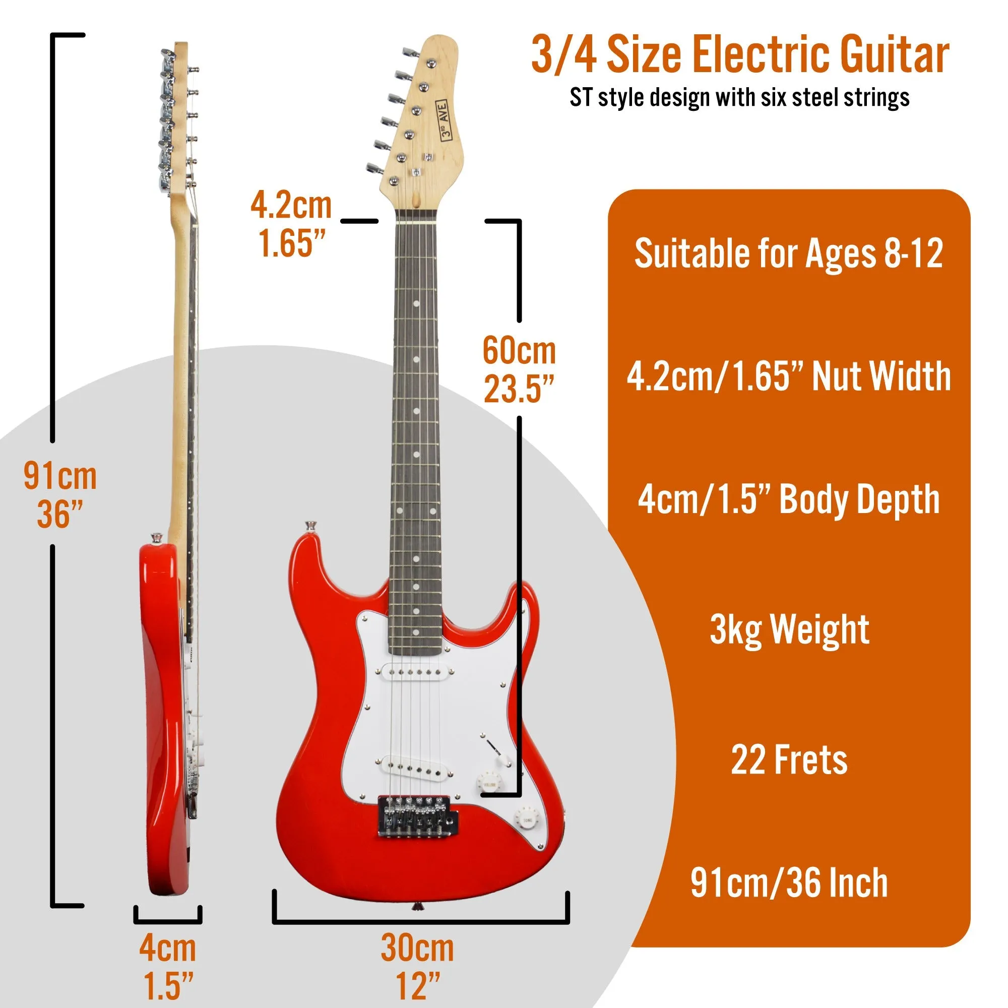 3rd Avenue 3/4 Size Electric Guitar - Red