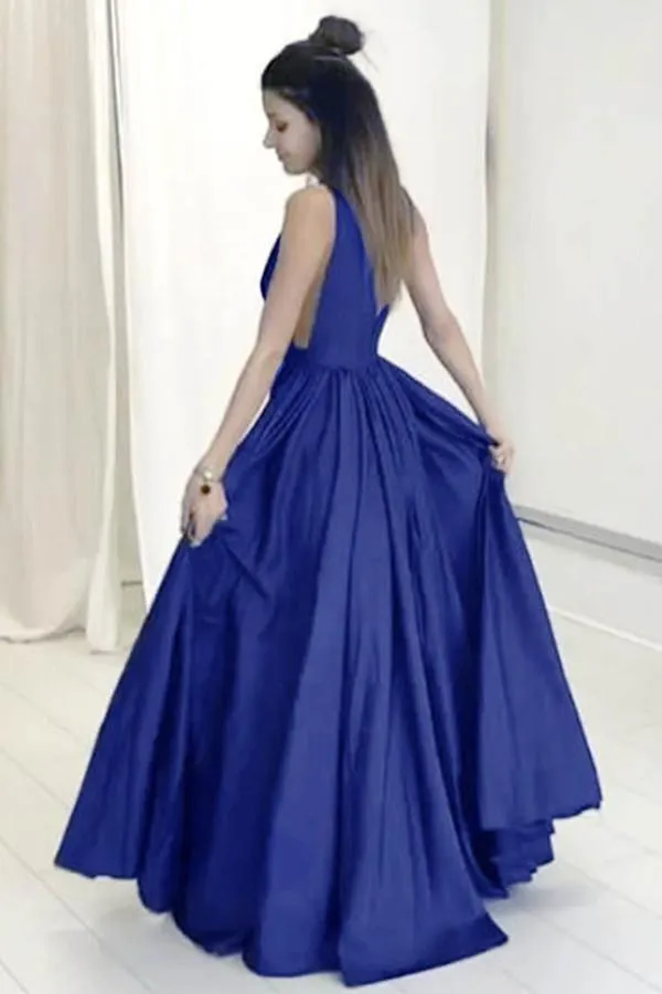 A-Line Deep V-Neck Sweep Train Royal Blue Prom Dress with Ruched PG392