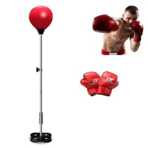 Adult Suction Cup Version Height Adjustable Vertical PU Leather Vent Ball Boxing Speed Ball Family Fitness Equipment with Gloves(Red)