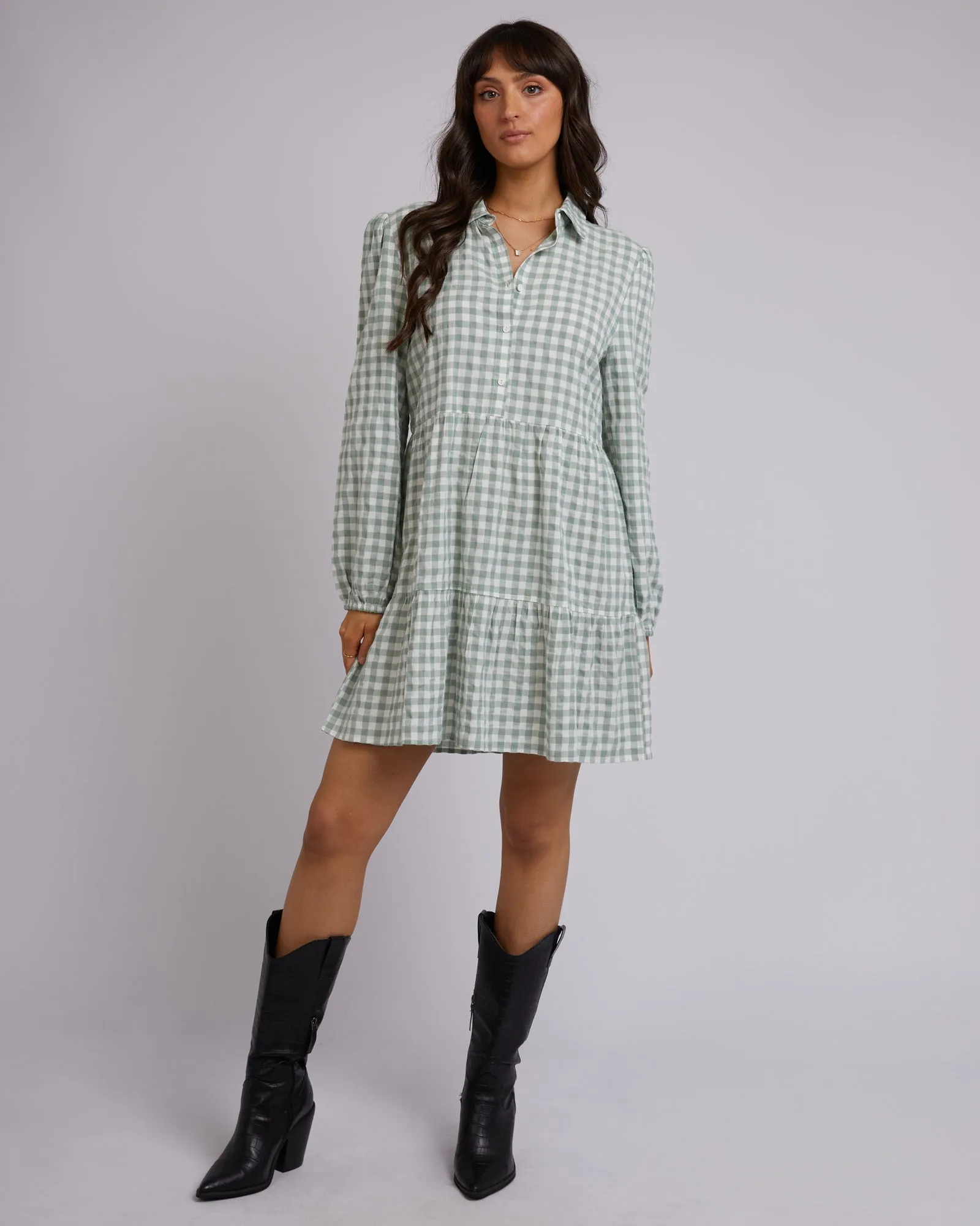 All About Eve Frankie Check L/S Mini Dress Sage