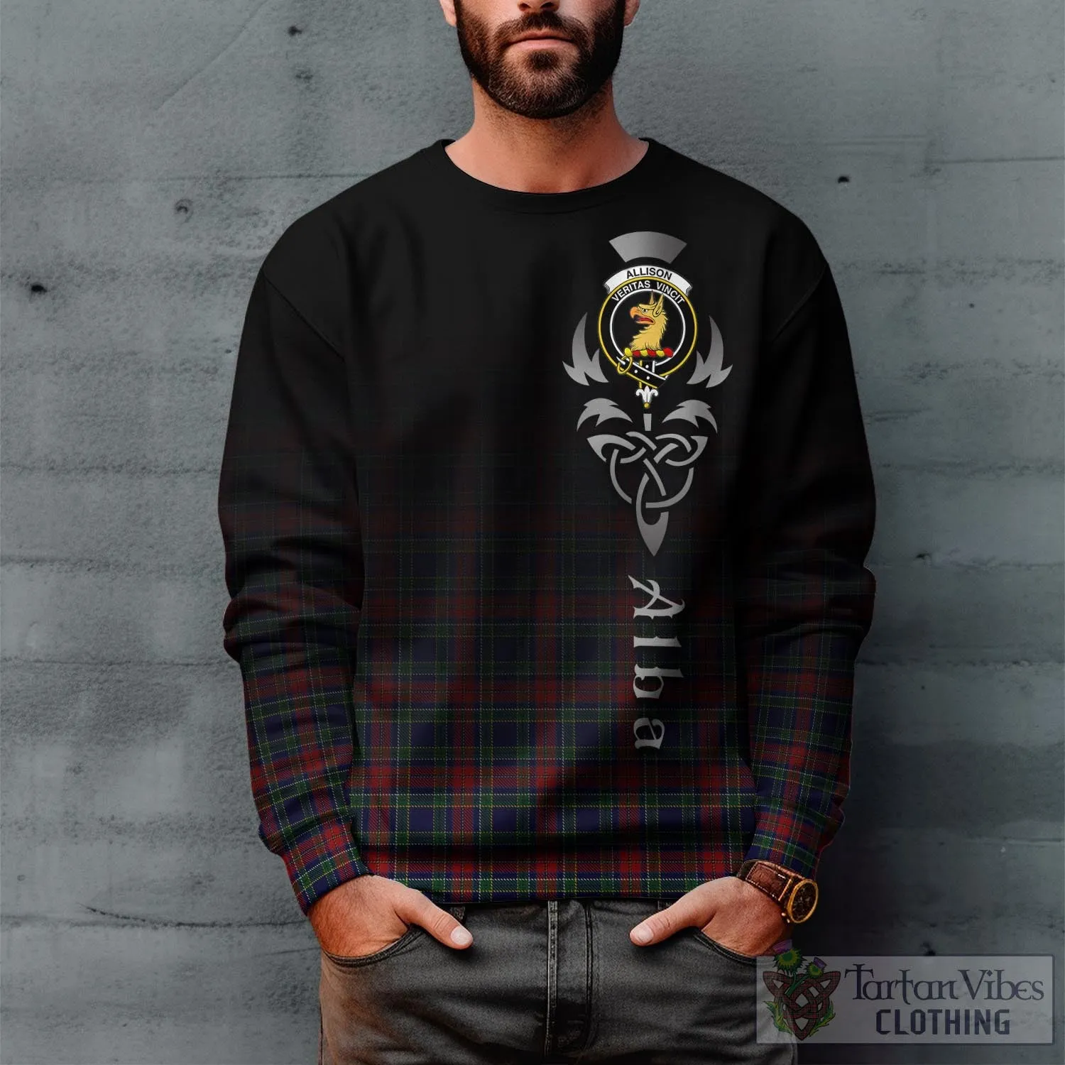 Allison Red Tartan Sweatshirt Featuring Alba Gu Brath Family Crest Celtic Inspired