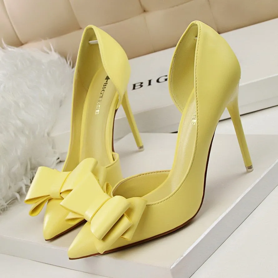 Amozae-Graduation Gift Big Sale Korean Fashion Women's Shoes Wedding Bow High Heels Stiletto Heels Shallow Pointed Head Side Empty Thin Shoes