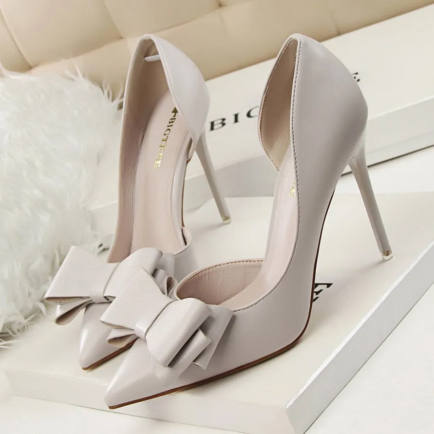 Amozae-Graduation Gift Big Sale Korean Fashion Women's Shoes Wedding Bow High Heels Stiletto Heels Shallow Pointed Head Side Empty Thin Shoes