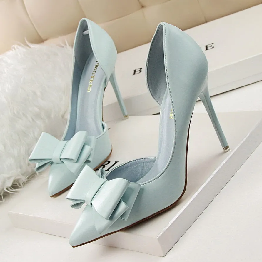 Amozae-Graduation Gift Big Sale Korean Fashion Women's Shoes Wedding Bow High Heels Stiletto Heels Shallow Pointed Head Side Empty Thin Shoes