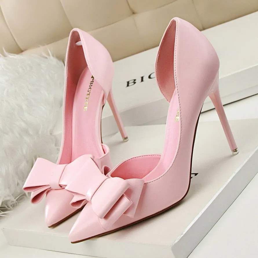 Amozae-Graduation Gift Big Sale Korean Fashion Women's Shoes Wedding Bow High Heels Stiletto Heels Shallow Pointed Head Side Empty Thin Shoes