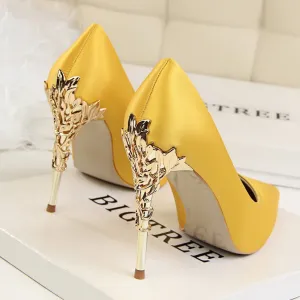 Amozae Graduation Gift Big Sale Metal Carved Thin Heel High Heels Pumps Women Shoes     Pointed Toe Ladies Shoes Fashion Candy Colors Wedding Shoes Woman