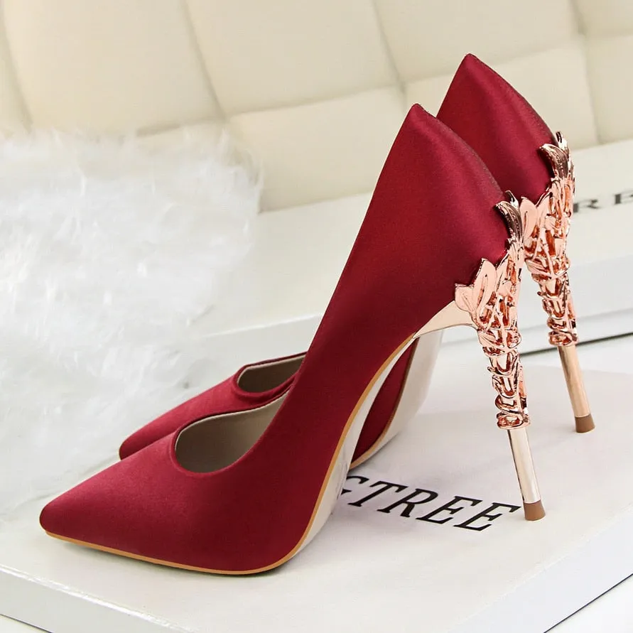 Amozae Graduation Gift Big Sale Metal Carved Thin Heel High Heels Pumps Women Shoes     Pointed Toe Ladies Shoes Fashion Candy Colors Wedding Shoes Woman