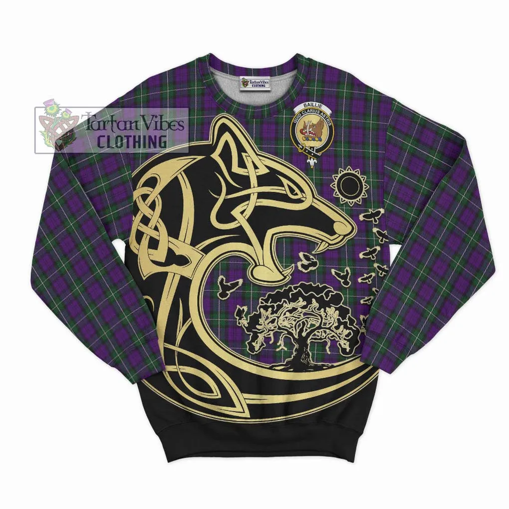 Baillie Highland Society Tartan Sweatshirt with Family Crest Celtic Wolf Style