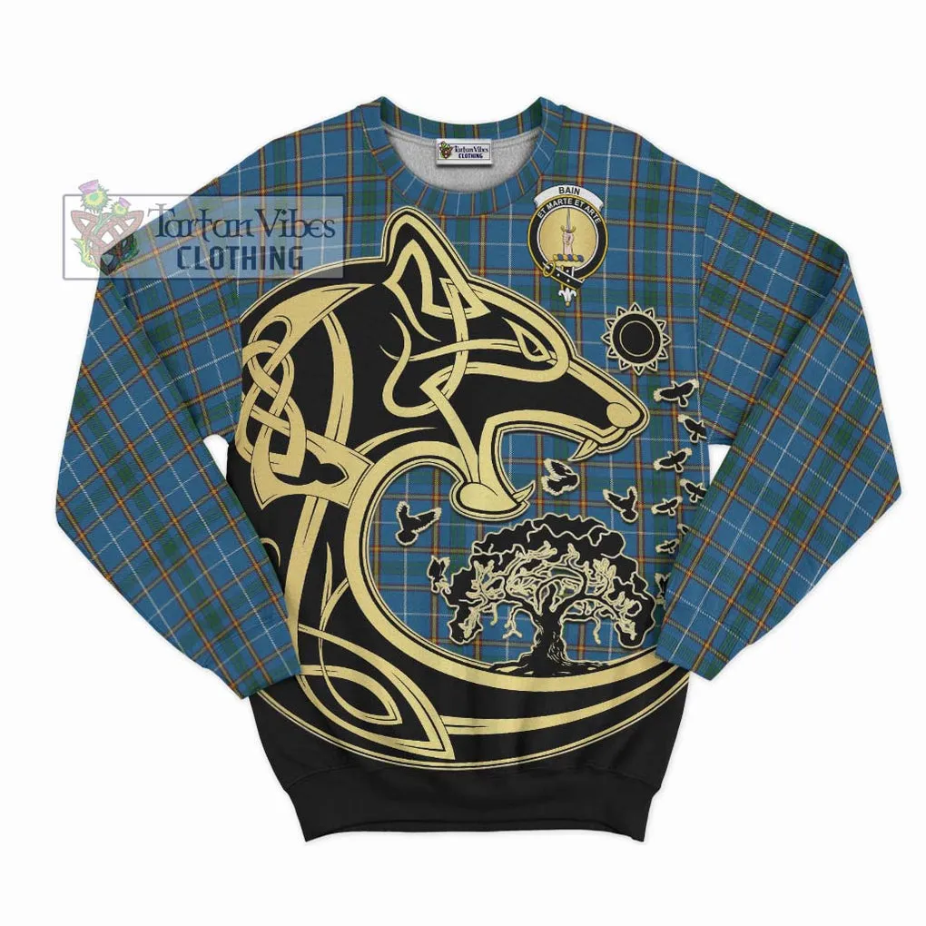 Bain Tartan Sweatshirt with Family Crest Celtic Wolf Style