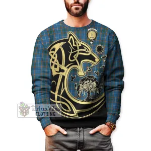 Bain Tartan Sweatshirt with Family Crest Celtic Wolf Style