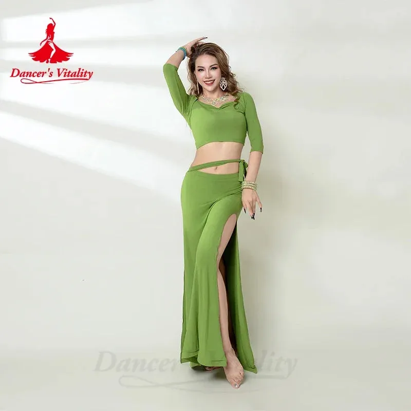 Belly Dance Practice Costume for Women Winter Half Sleeves Top split Long Skirt 2pcs Adult Oriental Belly Dancing Wear Outfit