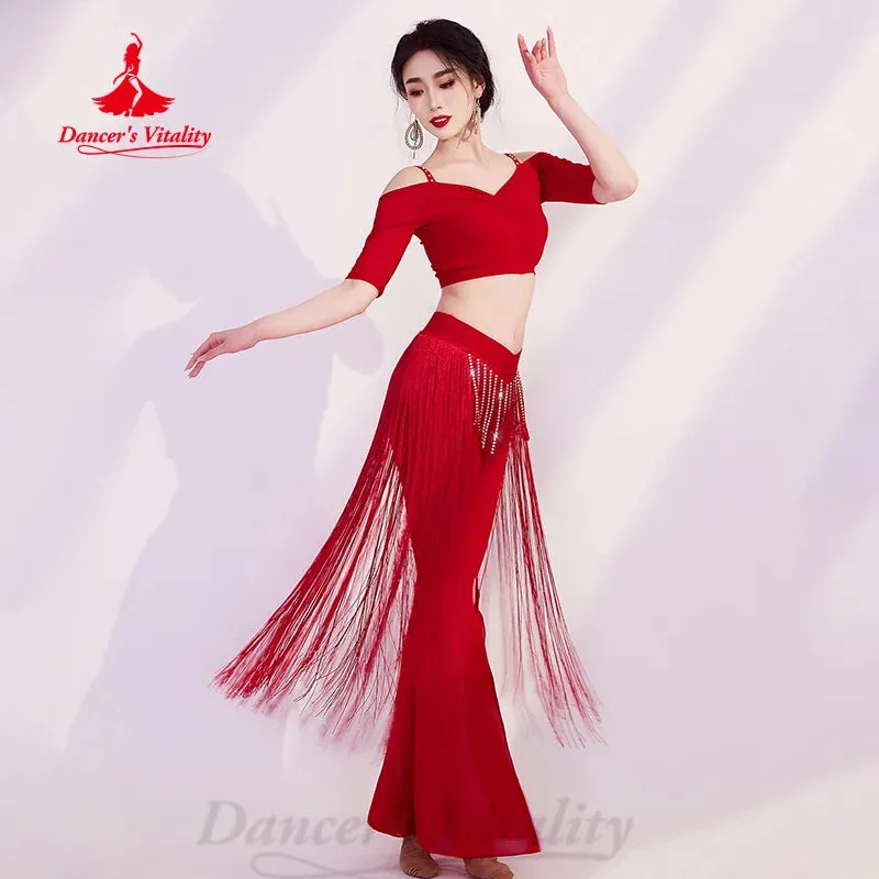 BellyDance Practice Set Women's Customized Half Sleeved V-neck Top Tassel Split Pants 2pcs Oriental Dance Performance Clothing