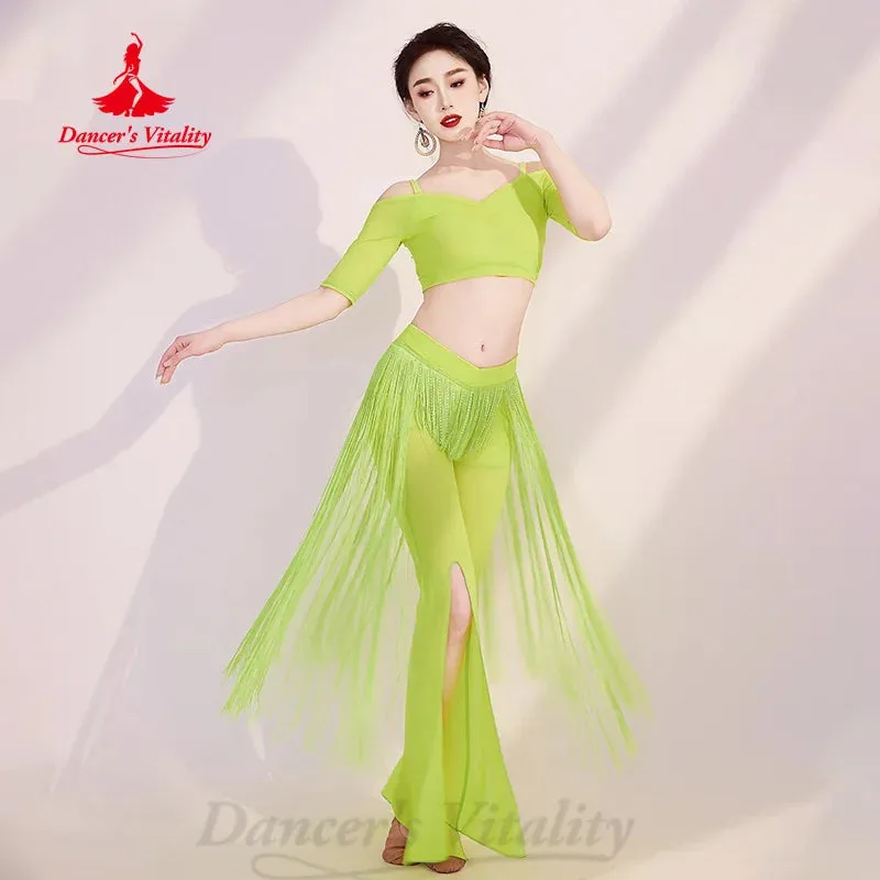 BellyDance Practice Set Women's Customized Half Sleeved V-neck Top Tassel Split Pants 2pcs Oriental Dance Performance Clothing