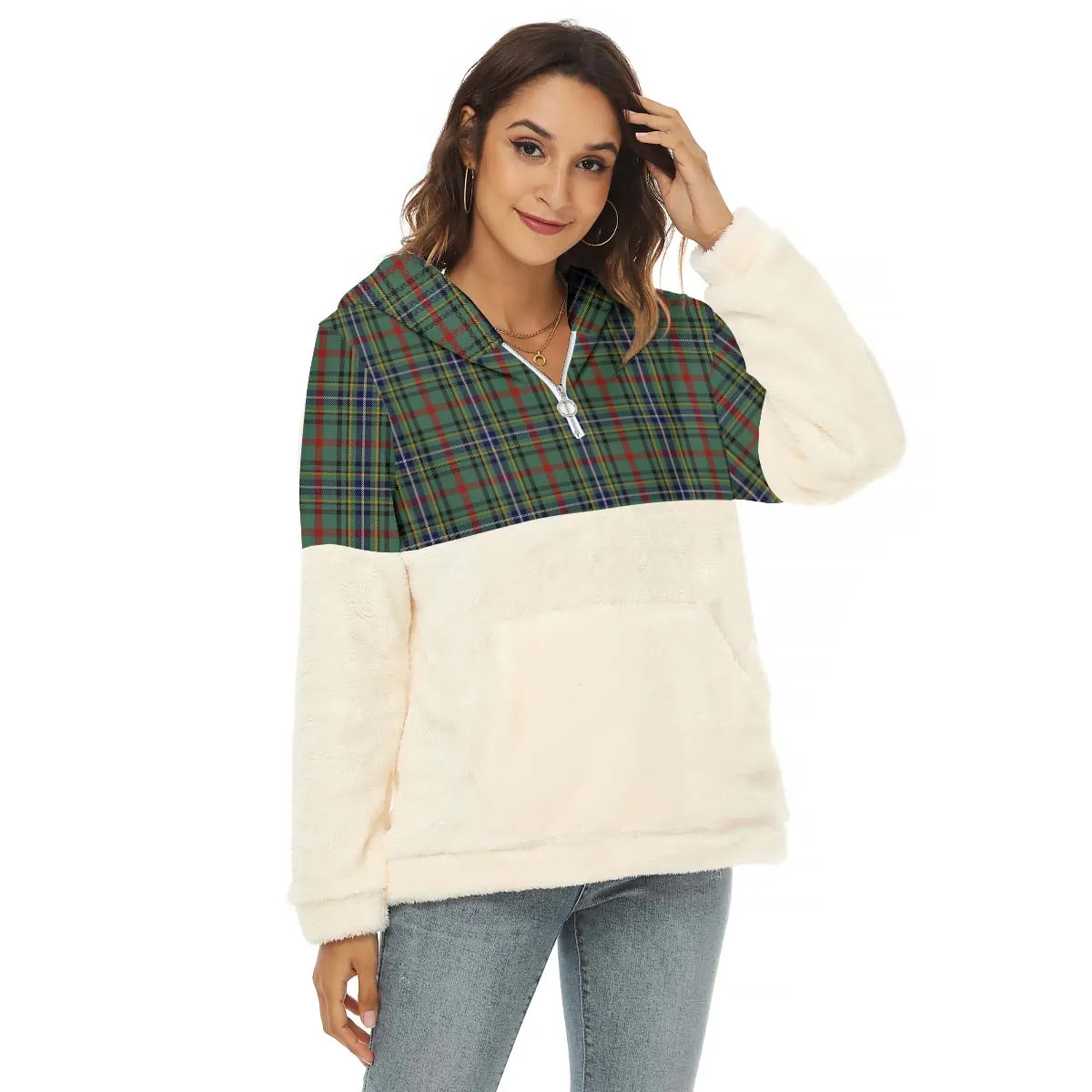 Bisset Tartan Women's Borg Fleece Hoodie With Half Zip