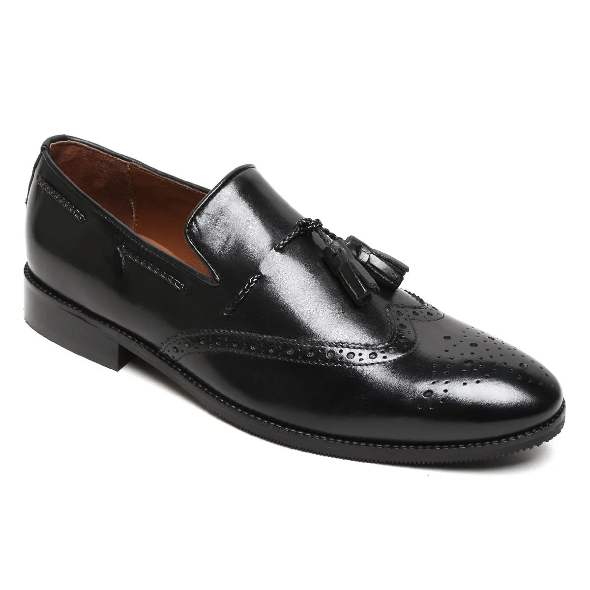 Black Side Lacing Medallion Toe Formal Tassel Slip-On Shoes By Brune & Bareskin