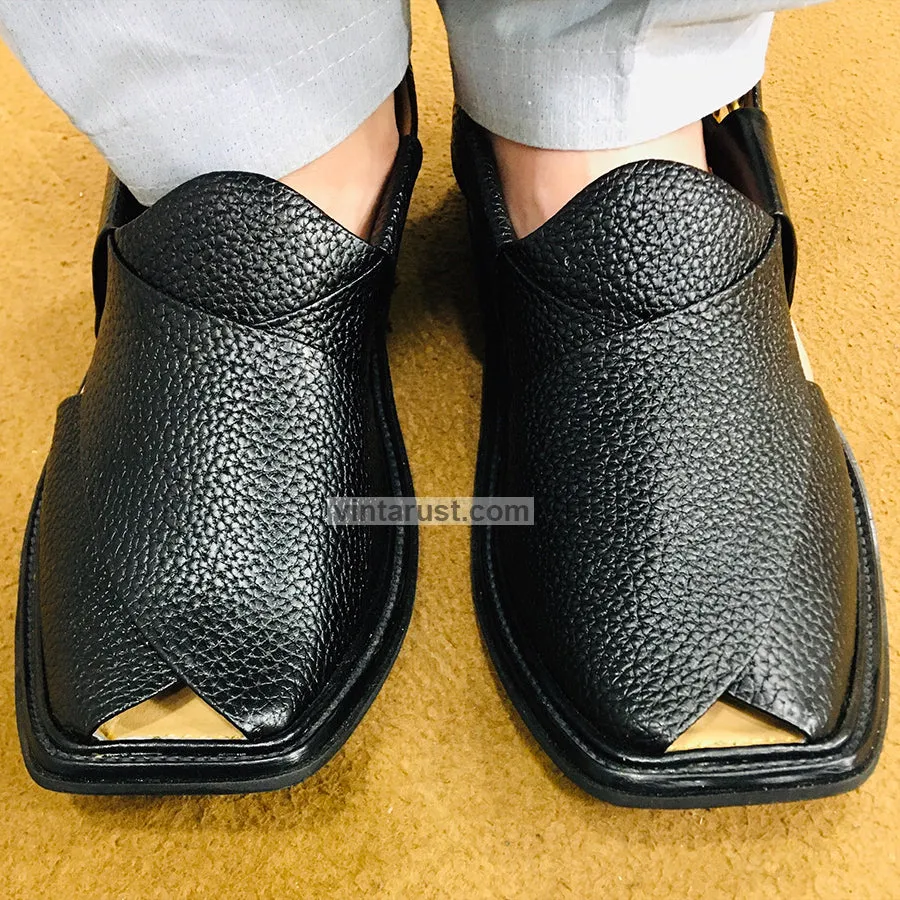 Black Textured Handcrafted Peshawari Men's Chappal