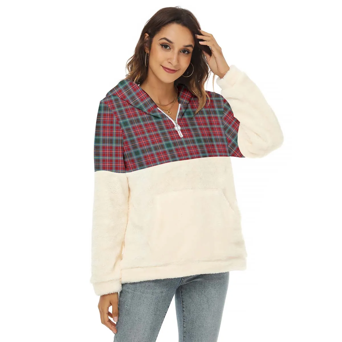 British Columbia Province Canada Tartan Women's Borg Fleece Hoodie With Half Zip