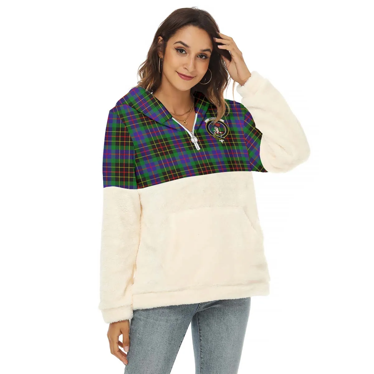 Brodie Hunting Modern Tartan Women's Borg Fleece Hoodie With Half Zip with Family Crest