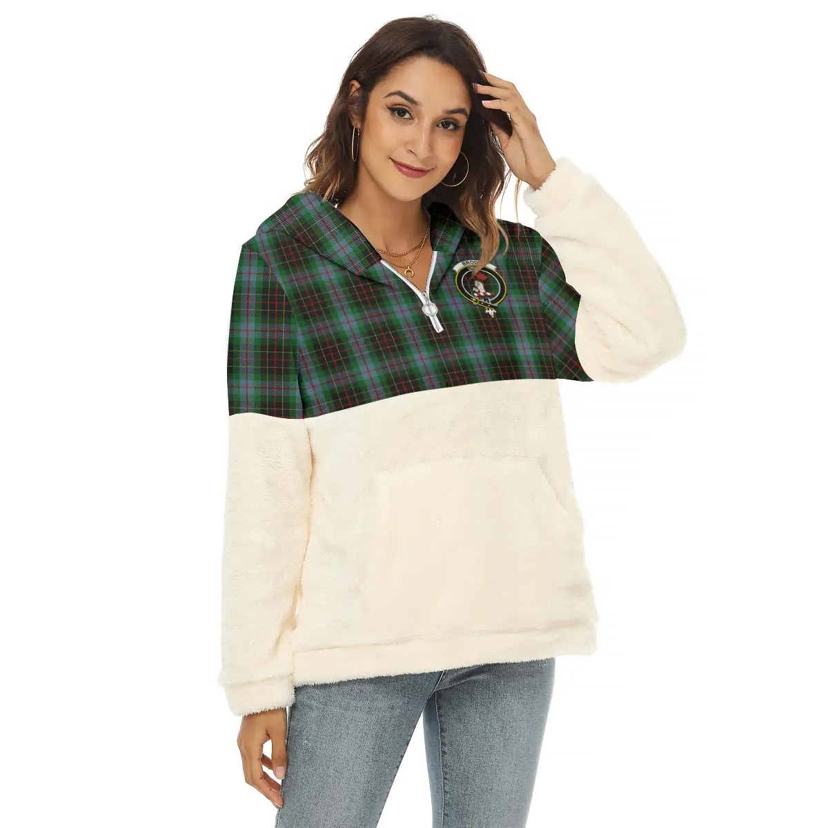 Brodie Hunting Tartan Women's Borg Fleece Hoodie With Half Zip with Family Crest