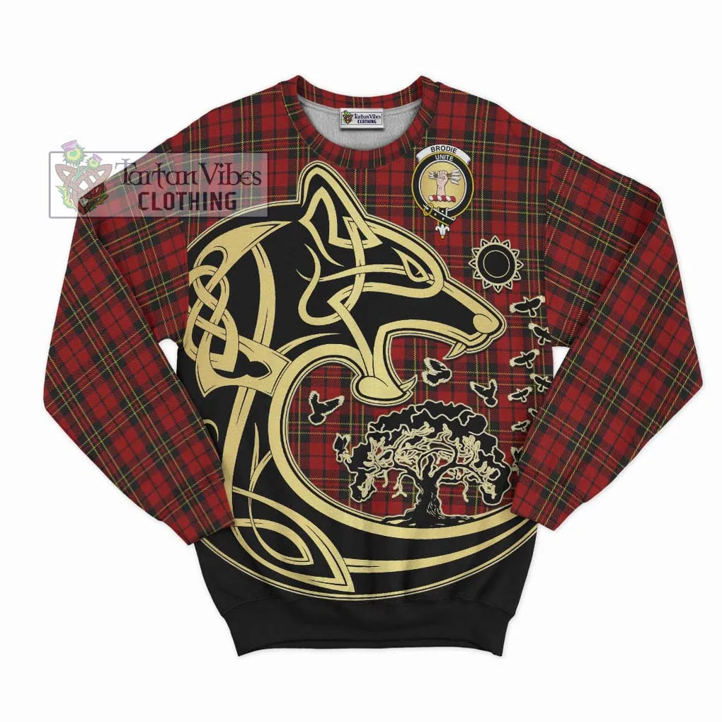 Brodie Tartan Sweatshirt with Family Crest Celtic Wolf Style