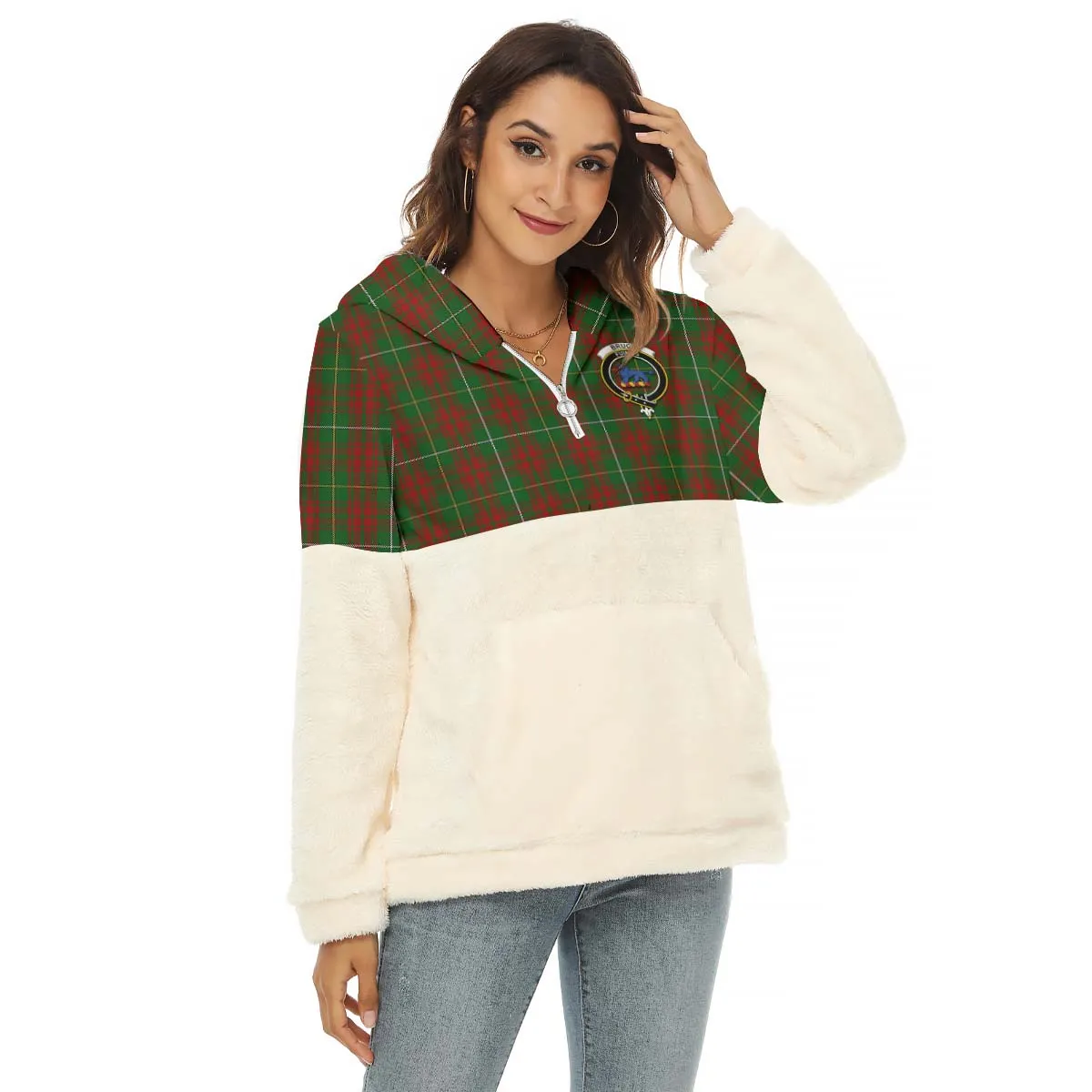 Bruce Hunting Tartan Women's Borg Fleece Hoodie With Half Zip with Family Crest