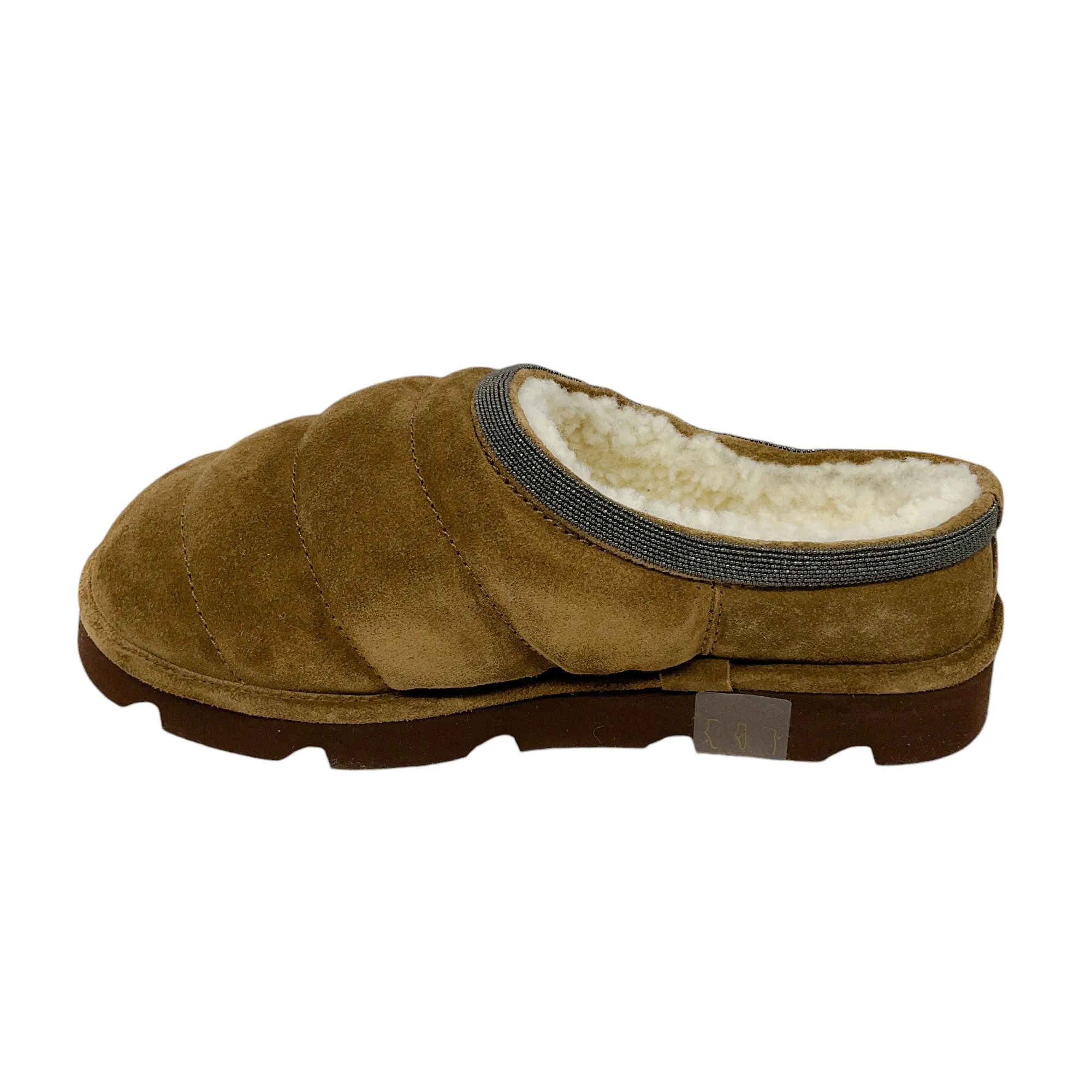 Brunello Cucinelli Brown Monili Bead Embellished Shearling Lined Quilted Suede Slippers