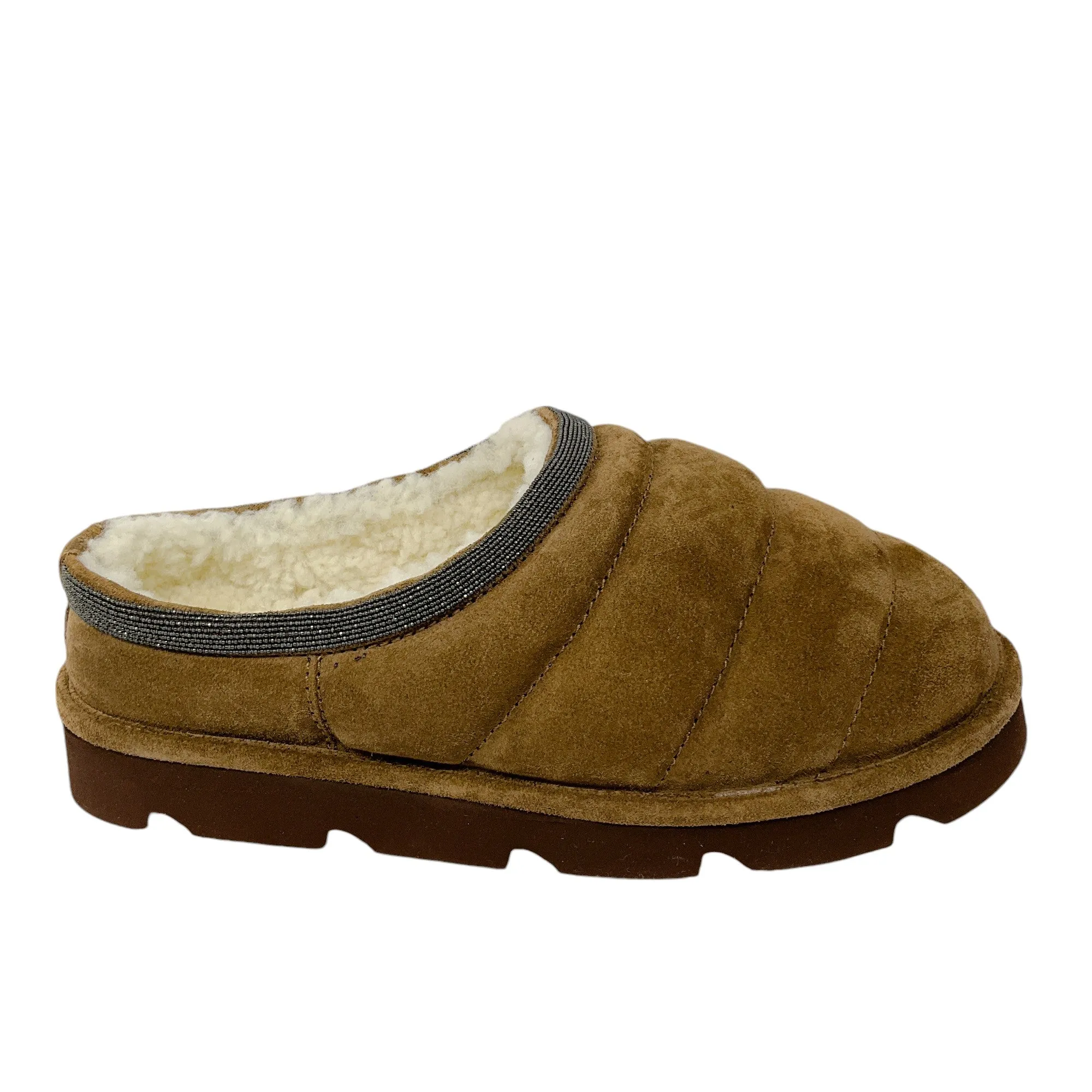 Brunello Cucinelli Brown Monili Bead Embellished Shearling Lined Quilted Suede Slippers