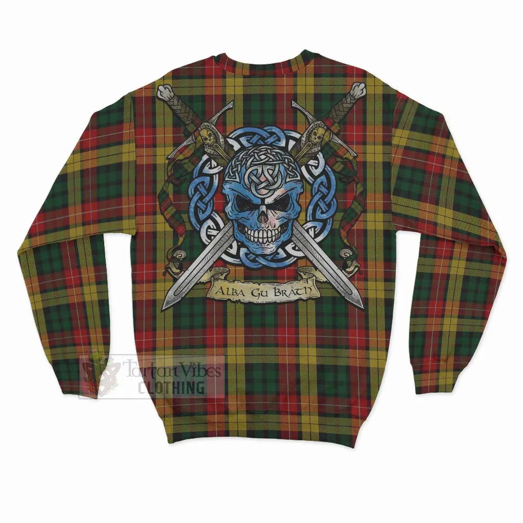 Buchanan Tartan Sweatshirt with Family Crest Celtic Skull Style