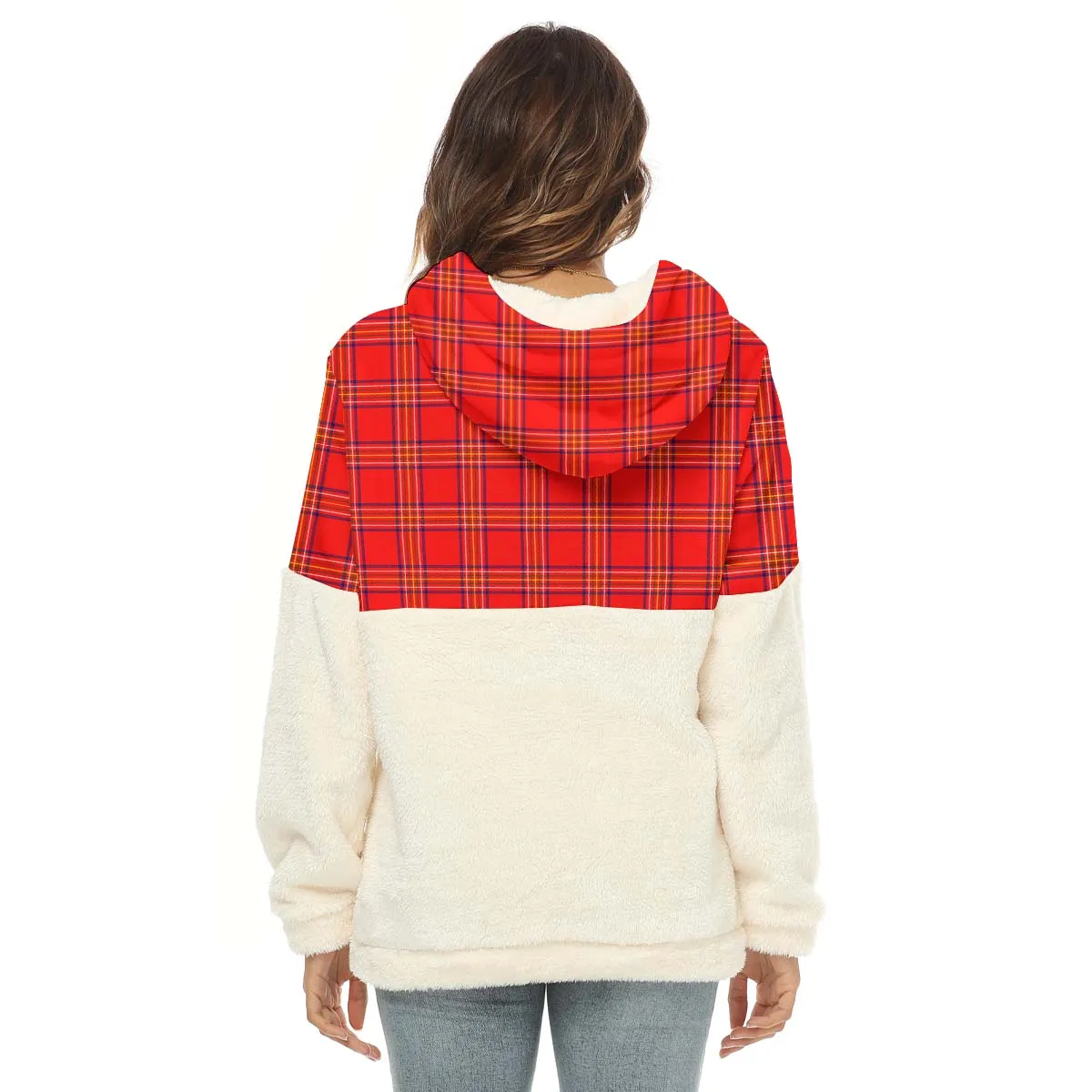 Burnett Modern Tartan Women's Borg Fleece Hoodie With Half Zip with Family Crest