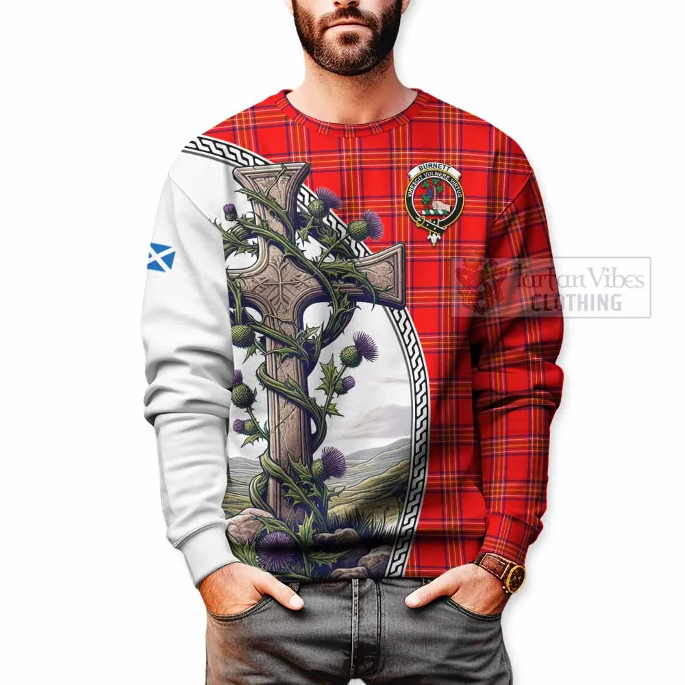 Burnett Tartan Sweatshirt with Family Crest and St. Andrew's Cross Accented by Thistle Vines