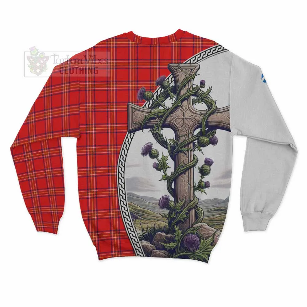 Burnett Tartan Sweatshirt with Family Crest and St. Andrew's Cross Accented by Thistle Vines