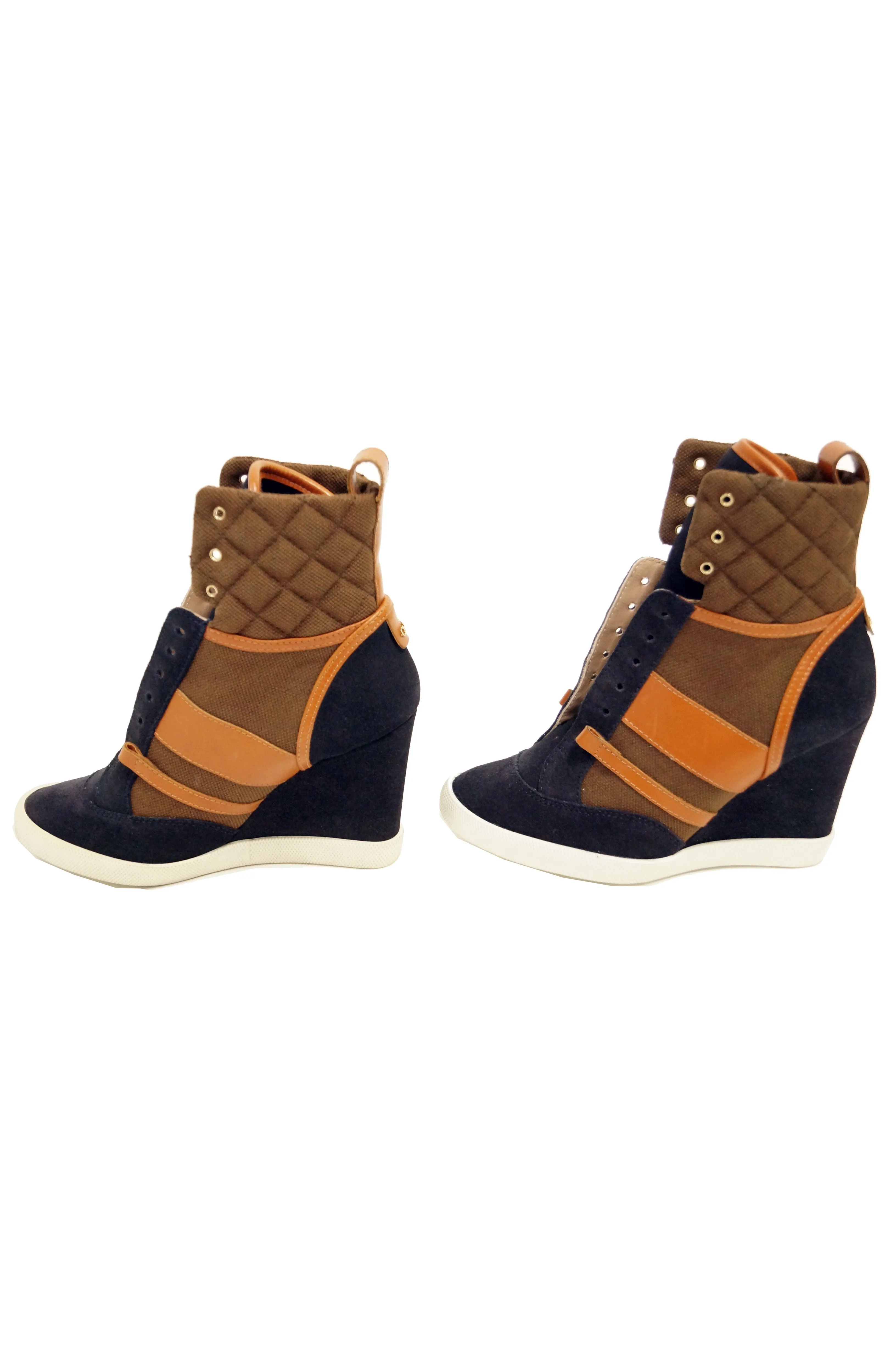 Chloé Blue and Brown Suede, Leather and Canvas Wedge Sneakers