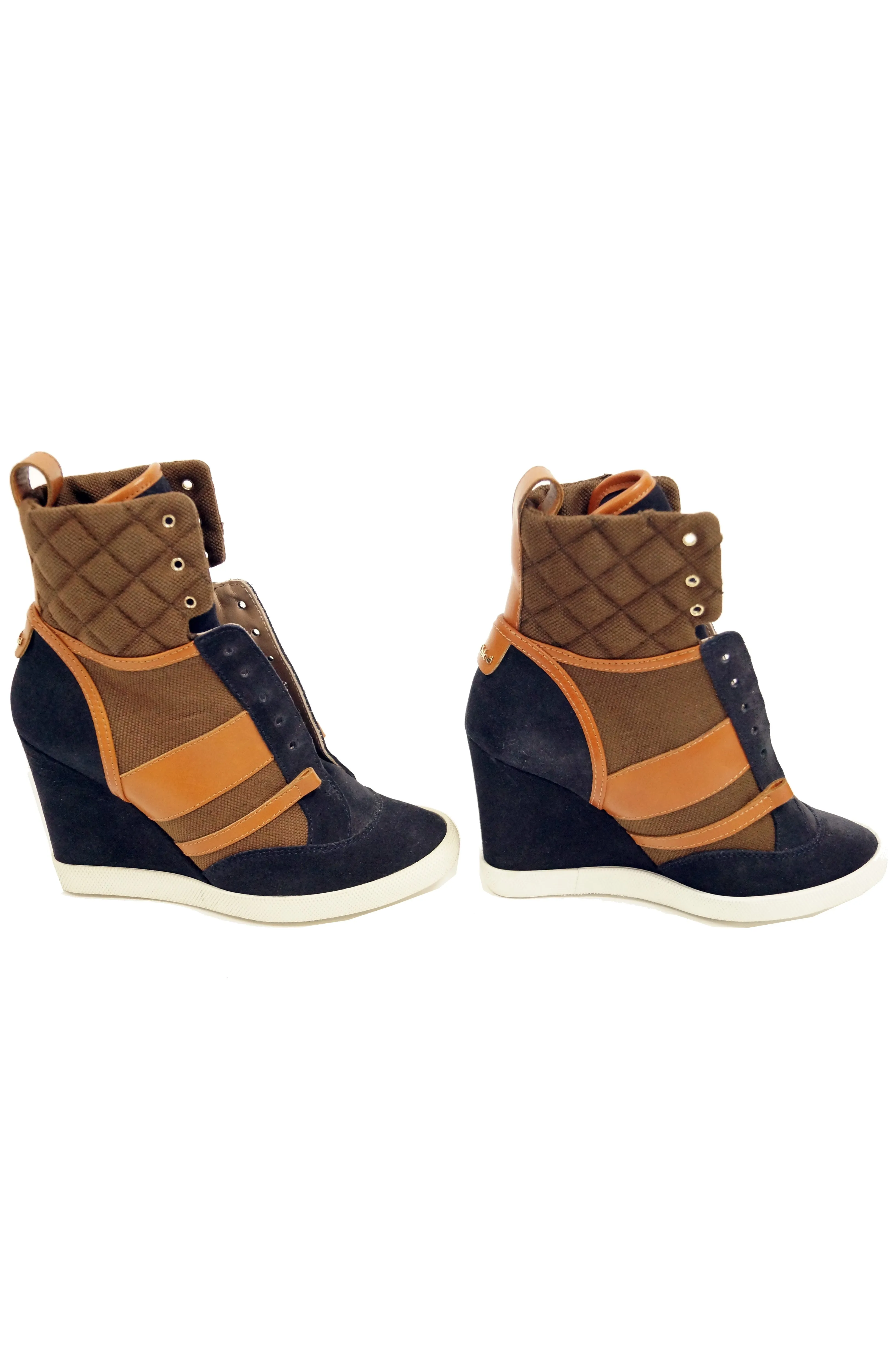 Chloé Blue and Brown Suede, Leather and Canvas Wedge Sneakers