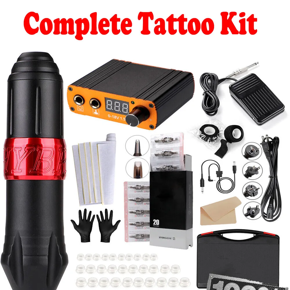 Complete Rotary Tattoo Kit, 40 Needles, 8 Inks, Practice Skin