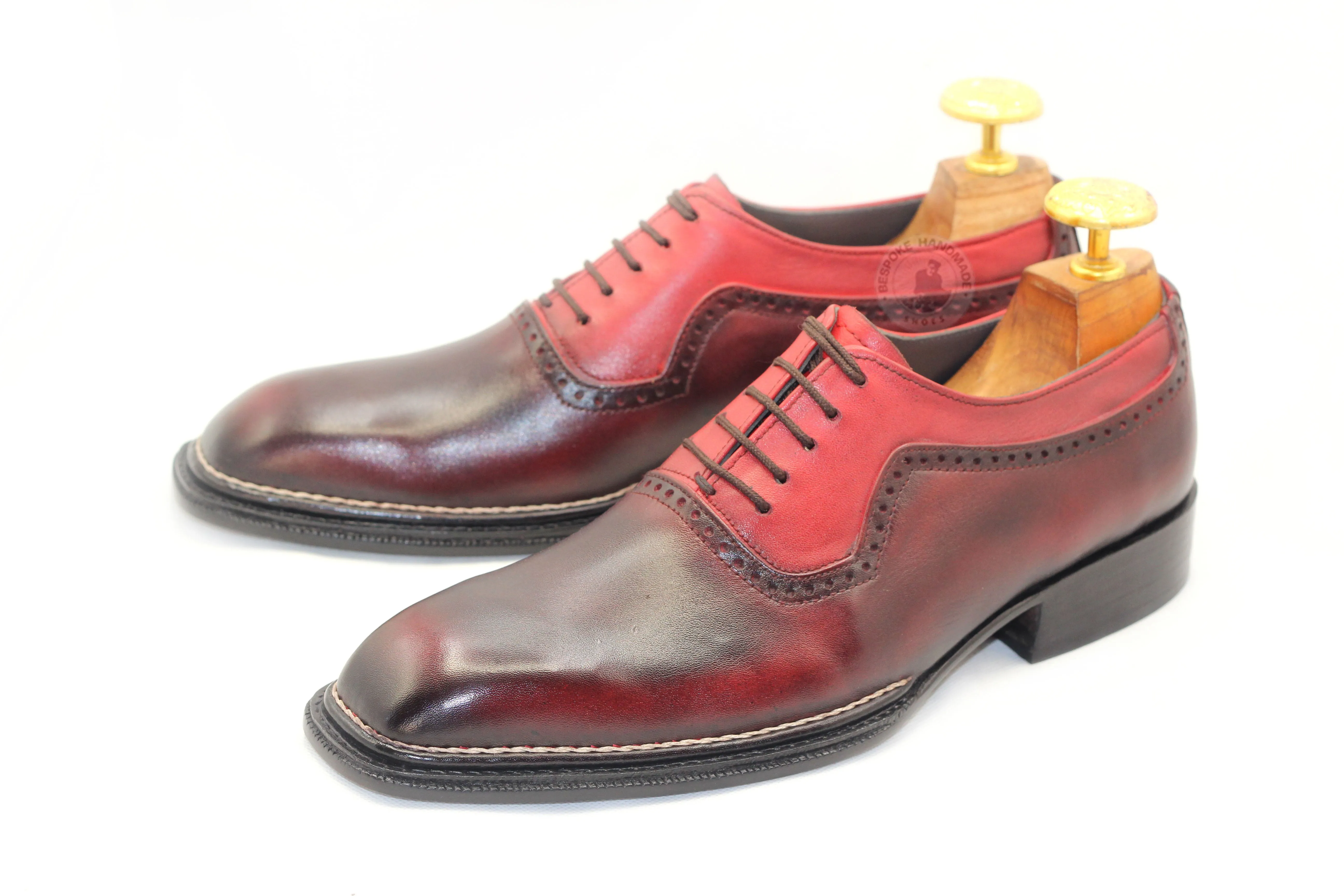 Custom made Red Leather Oxford Lace Up Men Formal Dress whole-cut Handmade Shoes