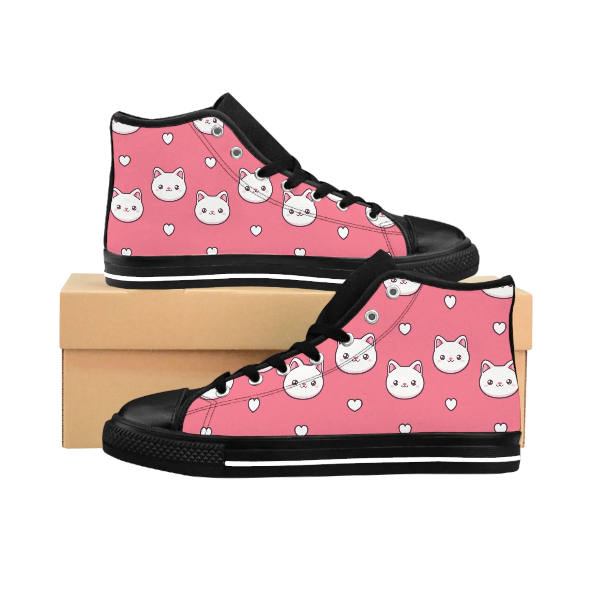 Cute White Kitty Pink Background Women's Classic Sneakers