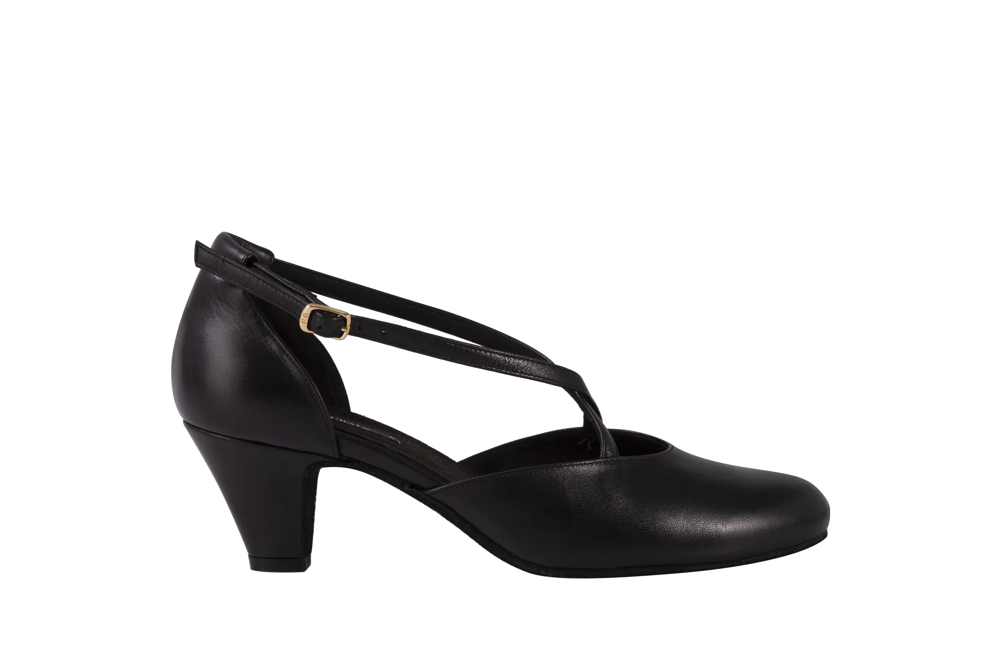 Dance Naturals 725 Cuccarini Black Leather Round Toe Smooth Ballroom Shoe with Criss-Cross Strap