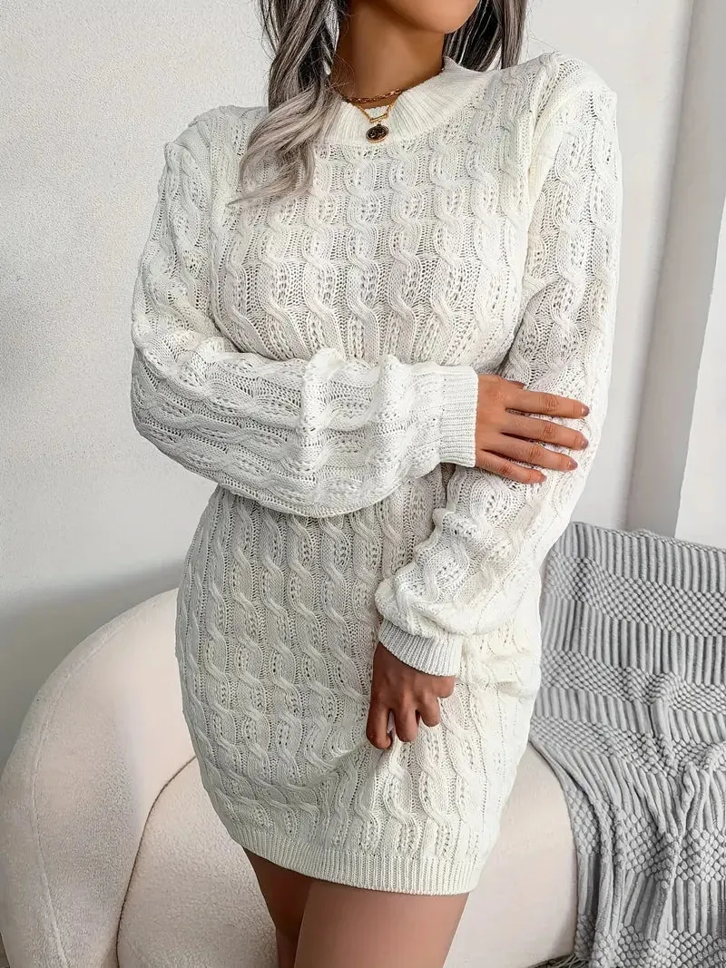 Flytonn- Body-Con Cable Knit Crewneck Sweater Dress