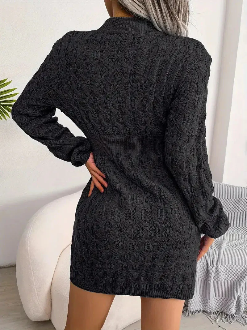 Flytonn- Body-Con Cable Knit Crewneck Sweater Dress