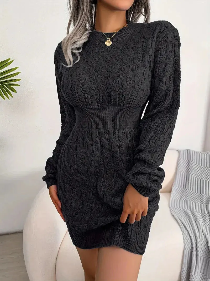 Flytonn- Body-Con Cable Knit Crewneck Sweater Dress