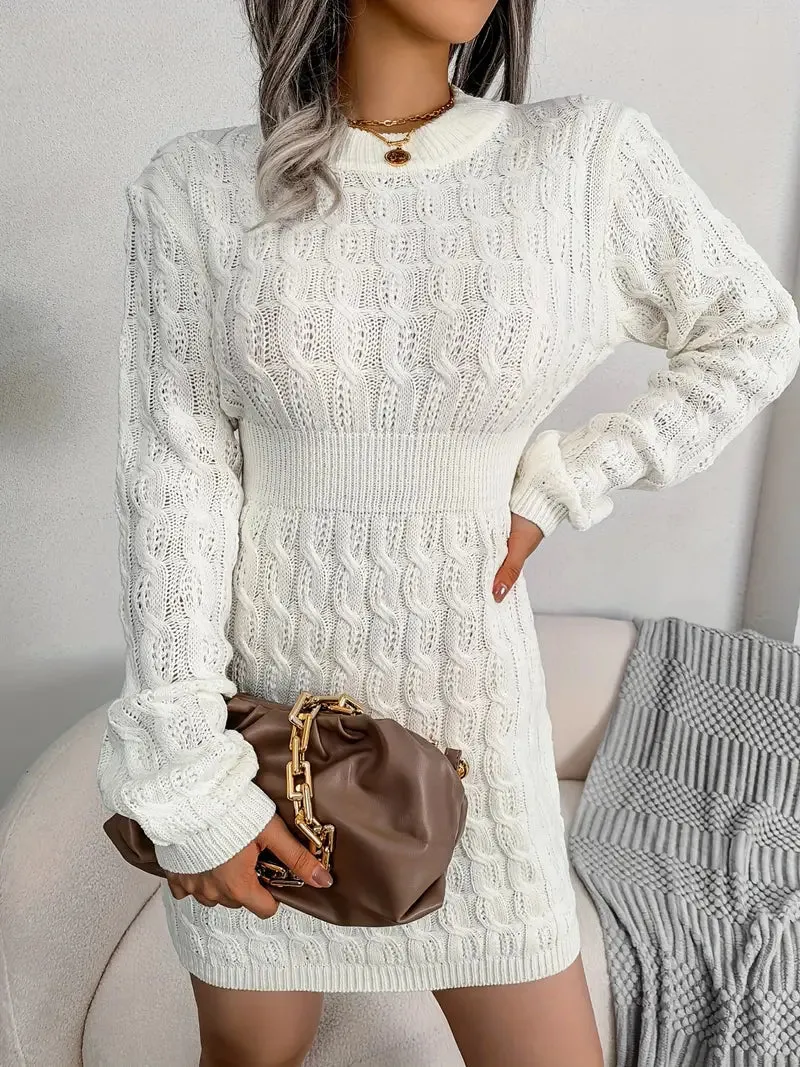 Flytonn- Body-Con Cable Knit Crewneck Sweater Dress