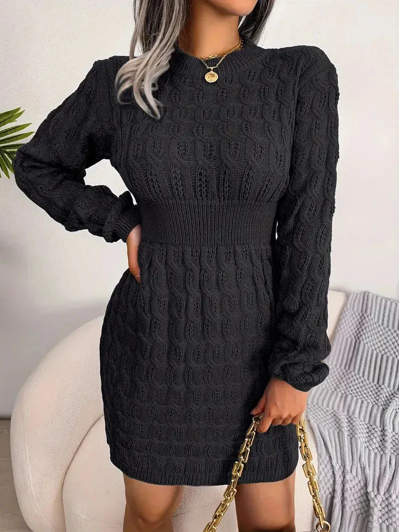 Flytonn- Body-Con Cable Knit Crewneck Sweater Dress