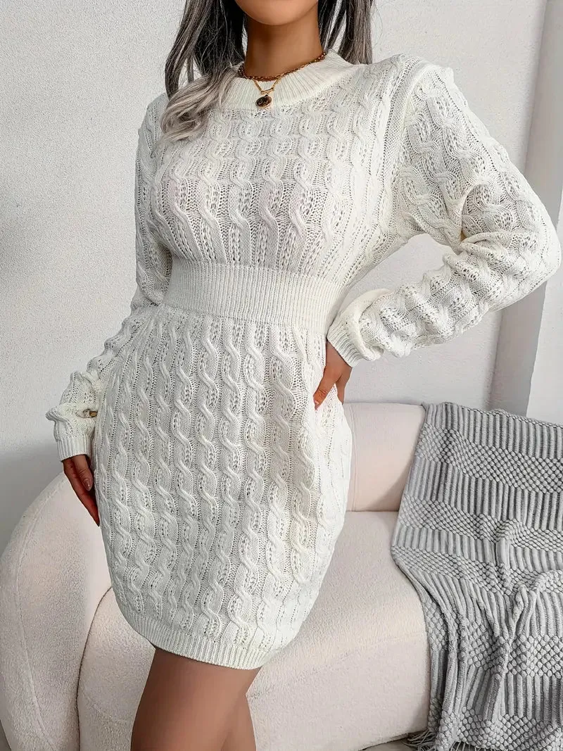 Flytonn- Body-Con Cable Knit Crewneck Sweater Dress